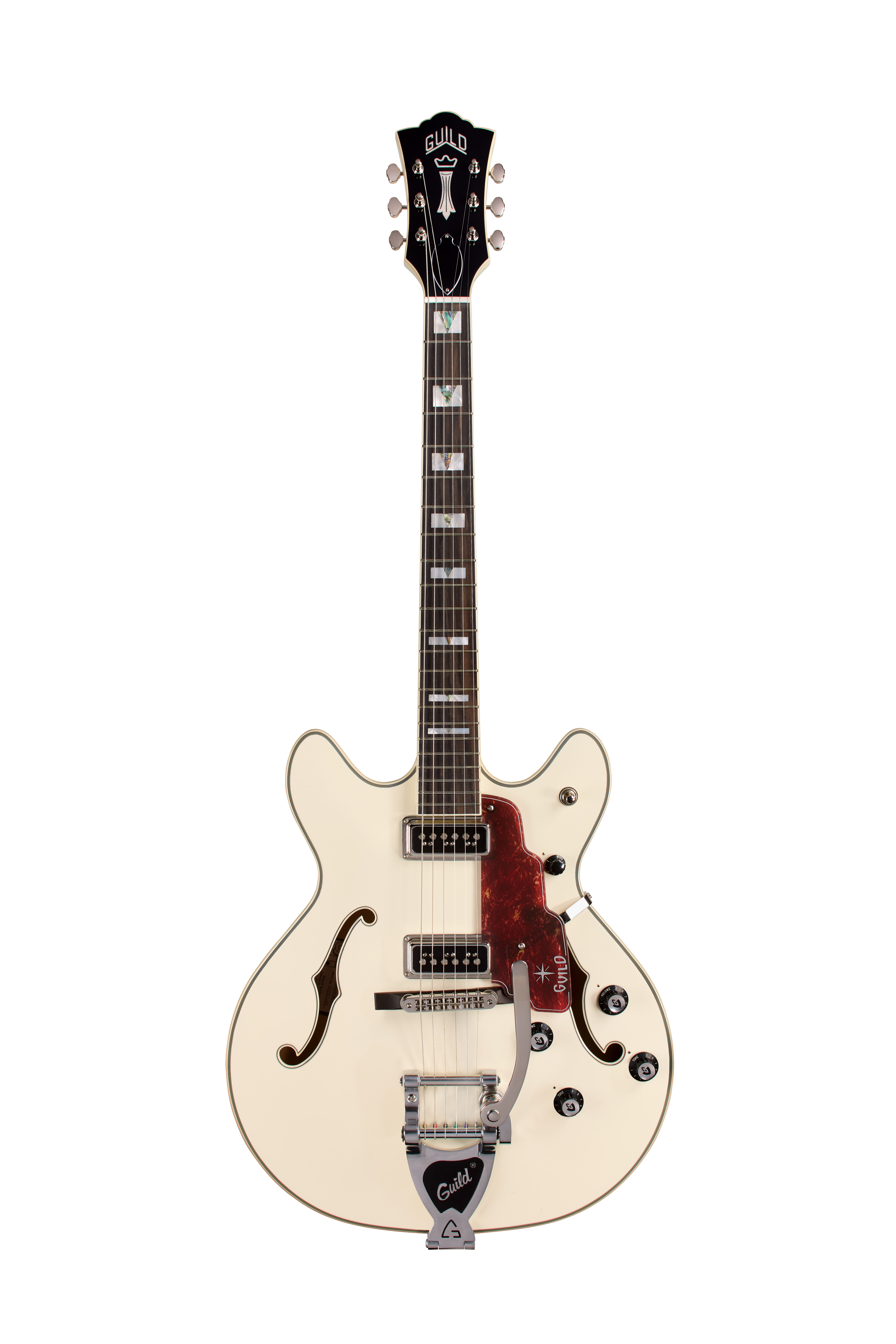 elektrische Hollowbody-Gitarre, cremefarben, F-Löcher, doppelter Cutaway, Bigsby-Tremolo
